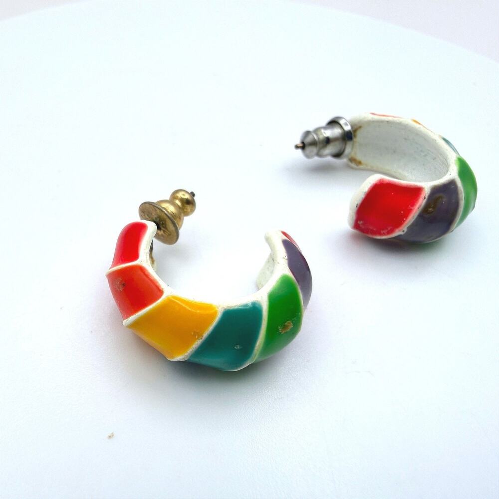 Vintage Silver Gold-Toned Rainbow-Striped Retro Clip-On Chunky Hoop Earrings